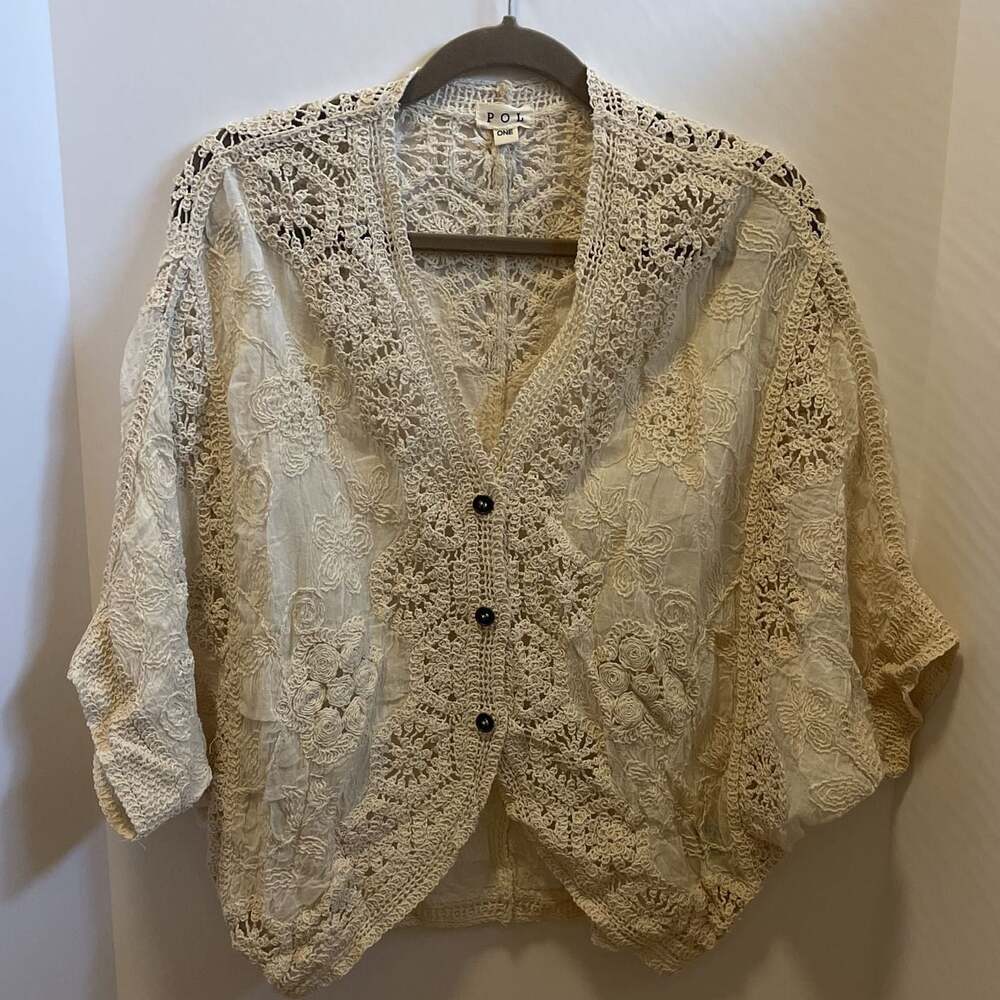 POL Clothing Crochet Lace Floral V-Neck Button Down Cardigan